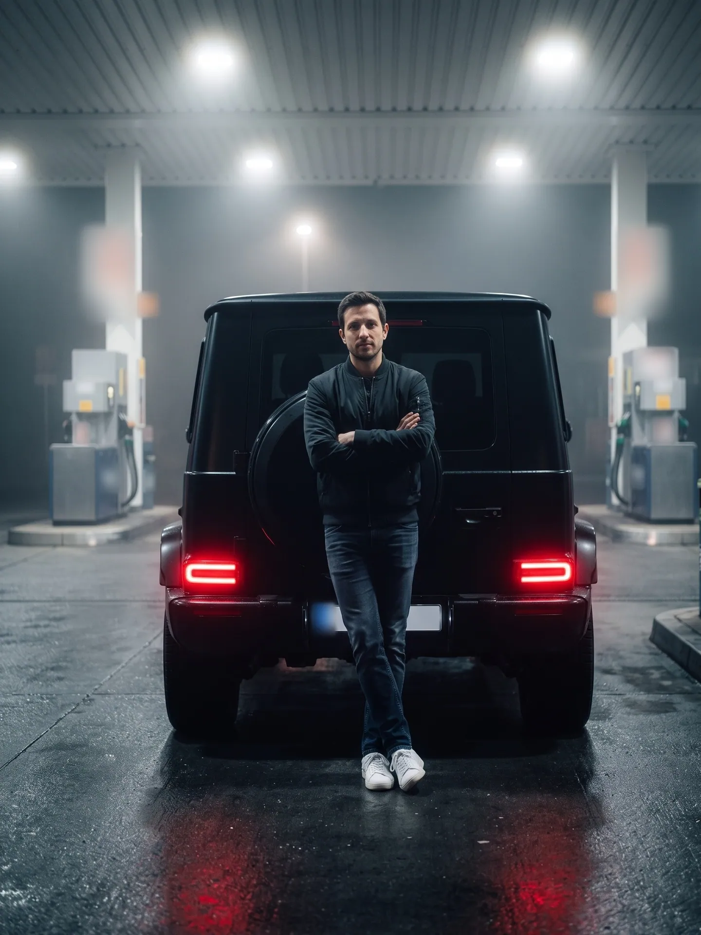 Man in a dark bomber leaning on the back of a black G-Class under a gas station canopy, made from the copy-paste prompt