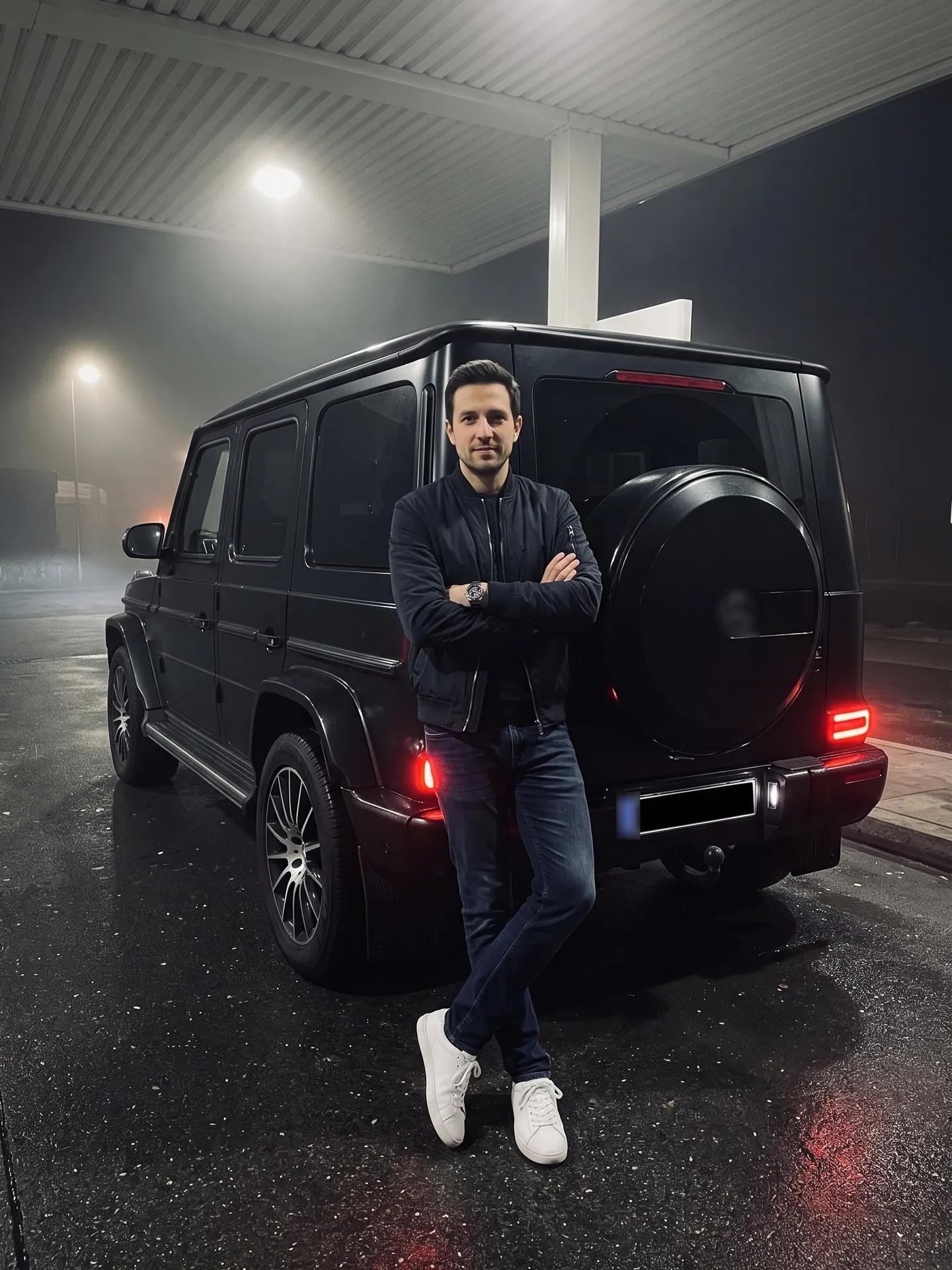 Man in a dark bomber leaning on a black G-Class at a gas station at night, made with the Photo with a G-Wagon template