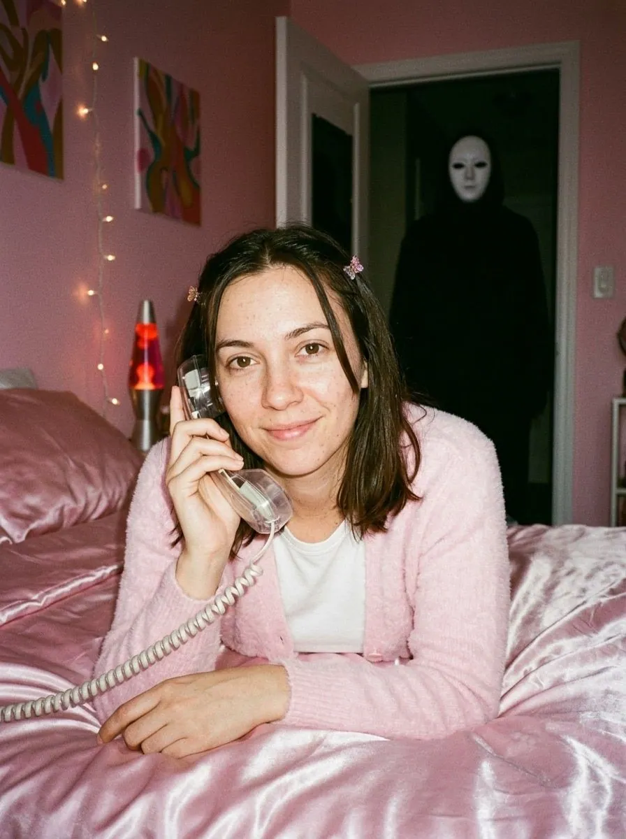 Woman on pink satin sheets holding a clear corded phone, a figure in a plain white mask in the doorway, made from a selfie