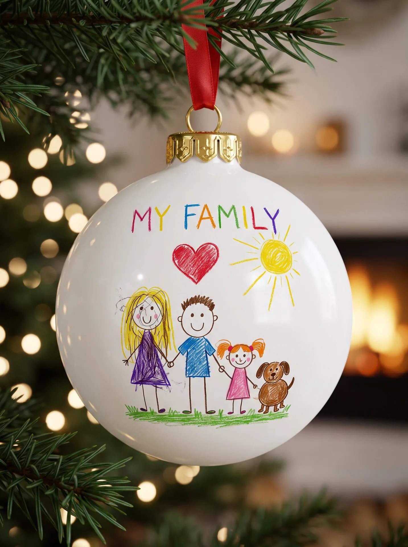Glass ball ornament printed with a crayon family, a dog and the words MY FAMILY, made with Drawing to Christmas Ornament