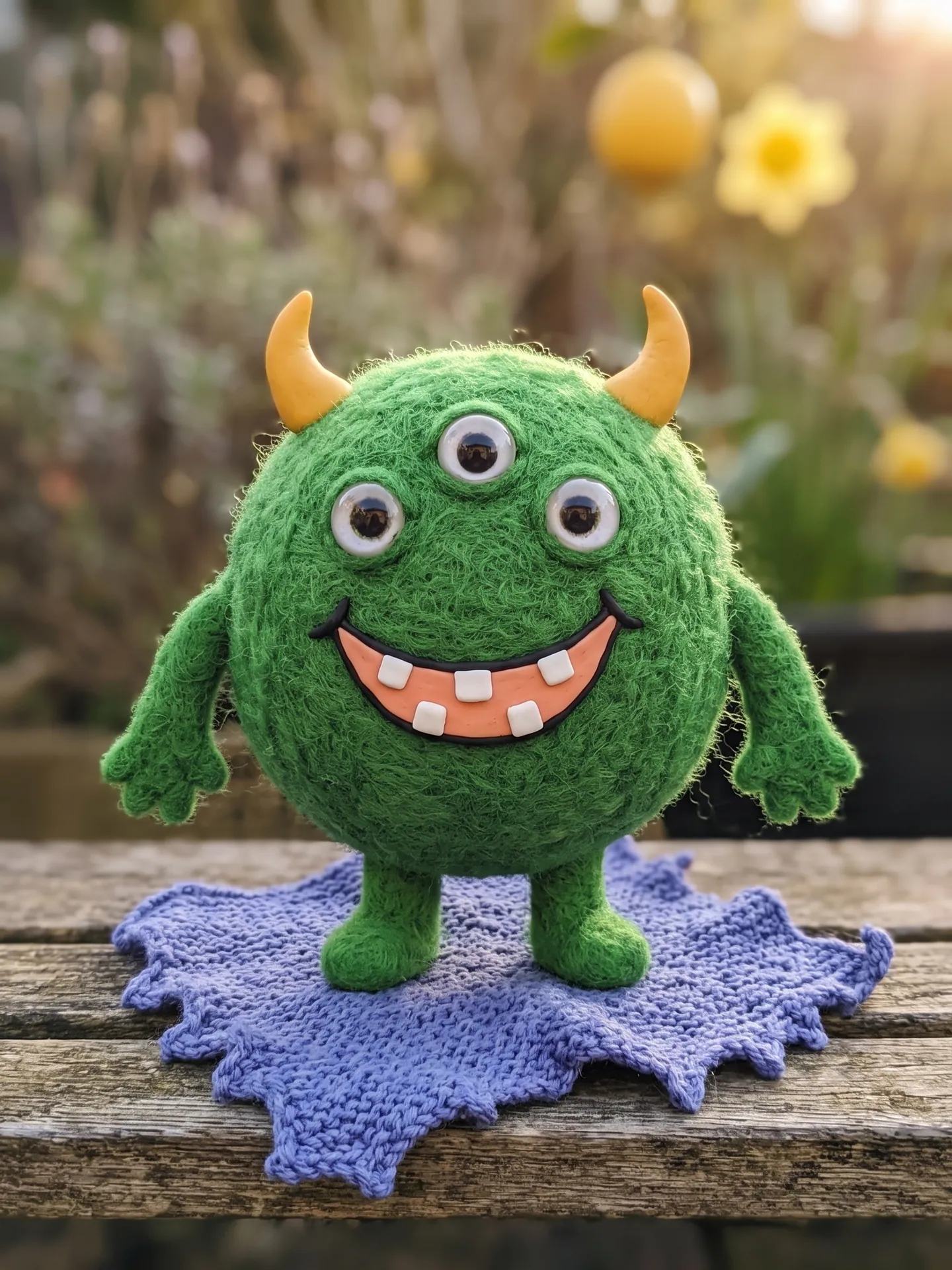Green three-eyed monster as a needle-felted figure on a garden bench, made with the Kid's Drawing Comes Alive template