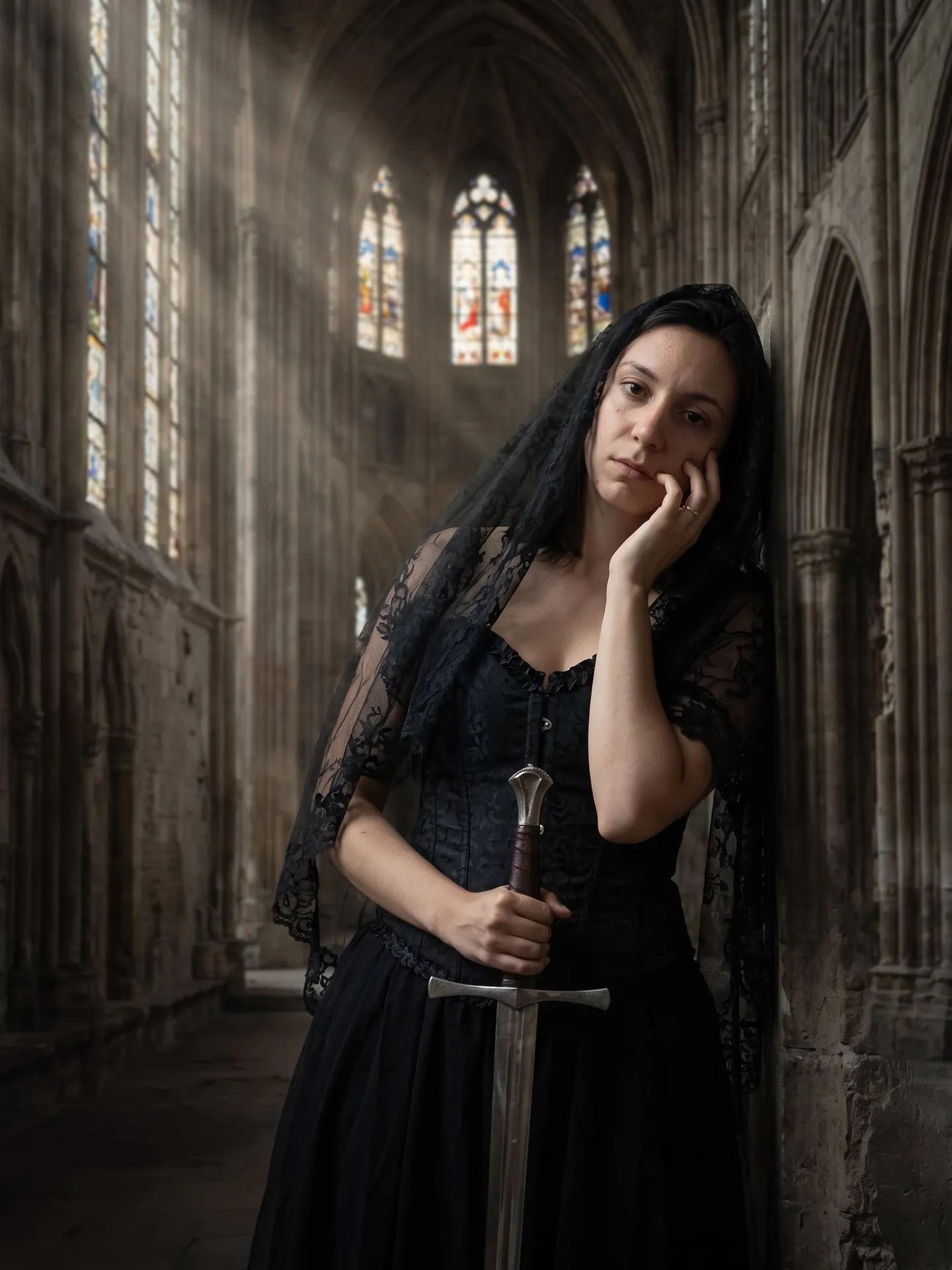 Woman in a black corset and lace veil holding a sword in a cathedral, made with the Medieval Photo Shoot template