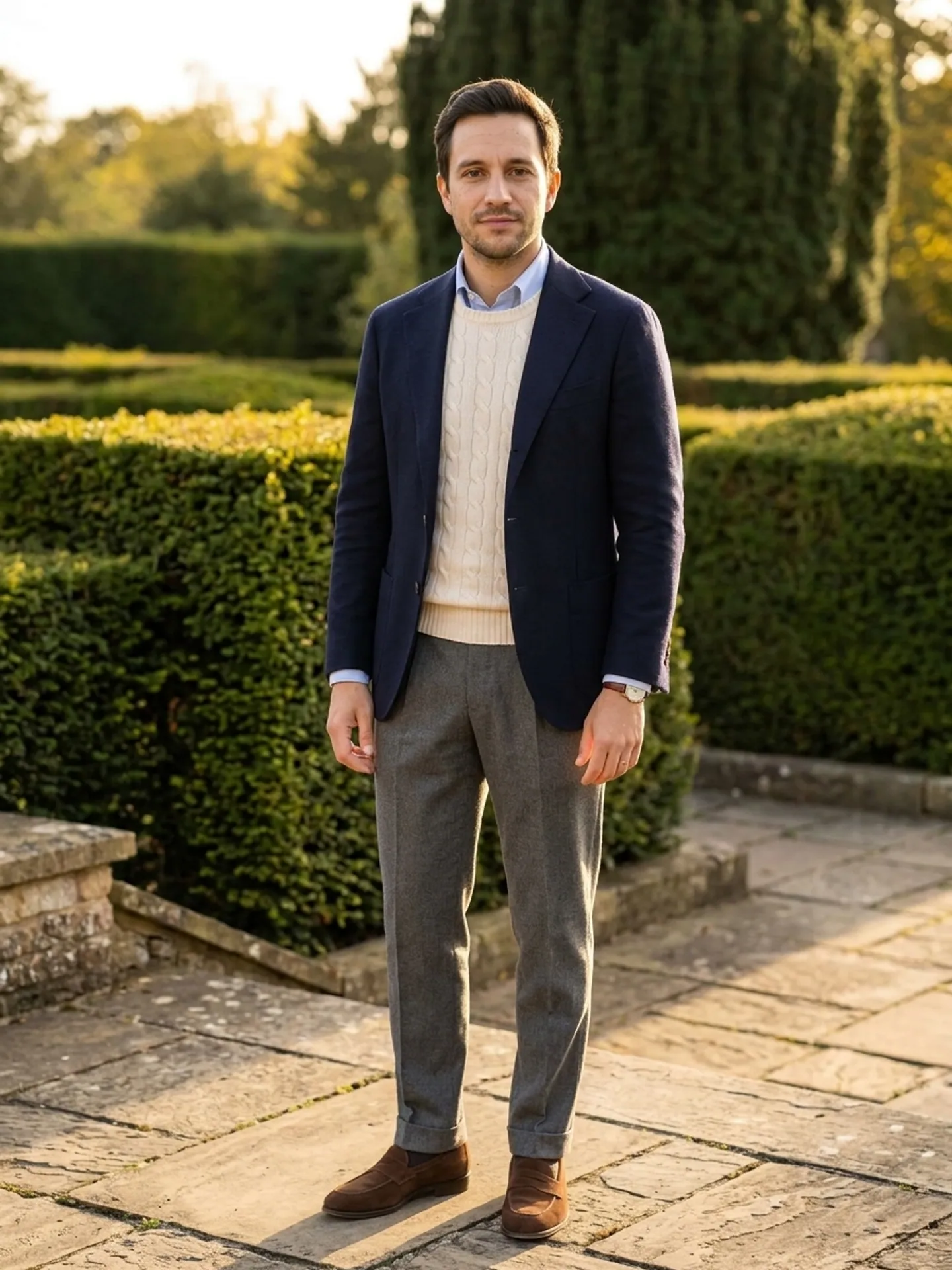 Man in a navy blazer, cable-knit and gray trousers, made with the Style Makeover template from a waist-up photo