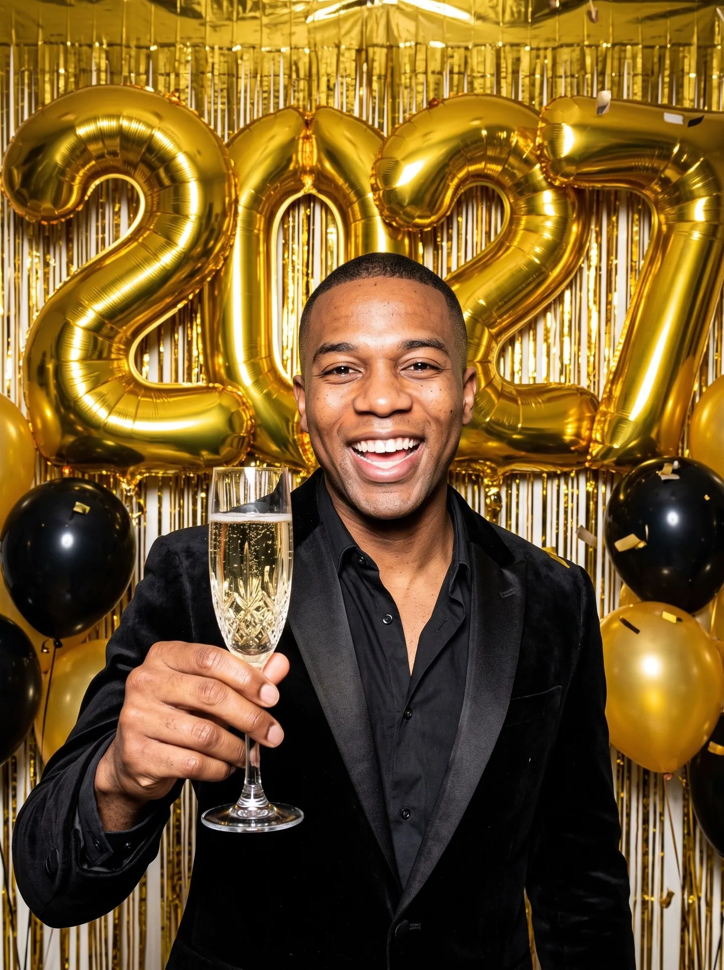 Man in a black velvet jacket raising a glass in front of giant gold 2027 balloons, made with New Year's Eve Toast