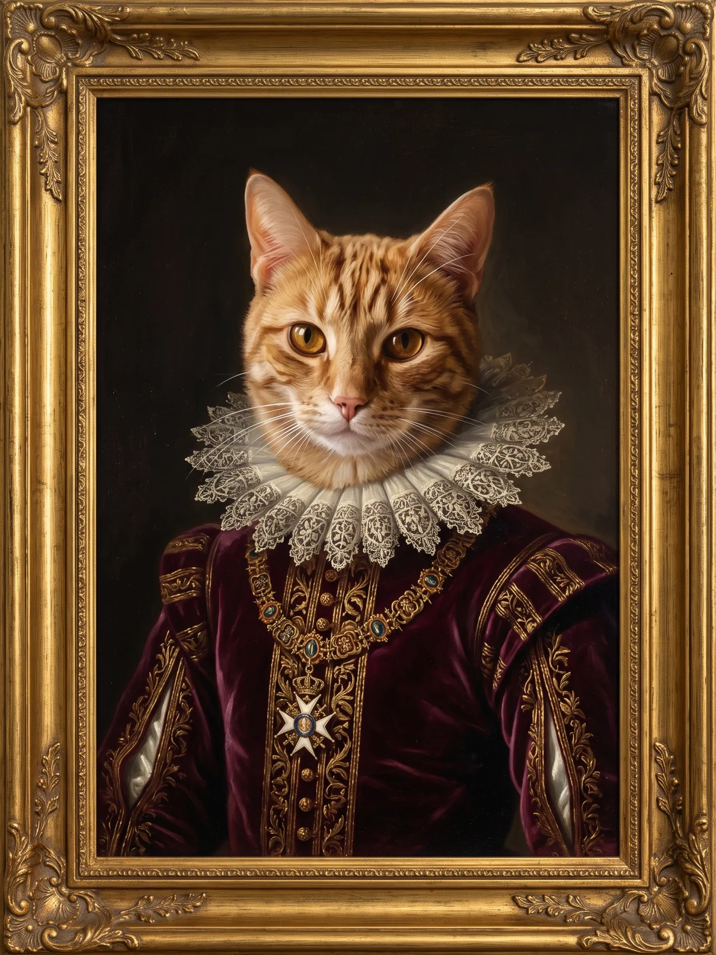 Ginger cat in a burgundy doublet, white lace ruff and an order in a gilded frame, made with the Pet Aristocrat template