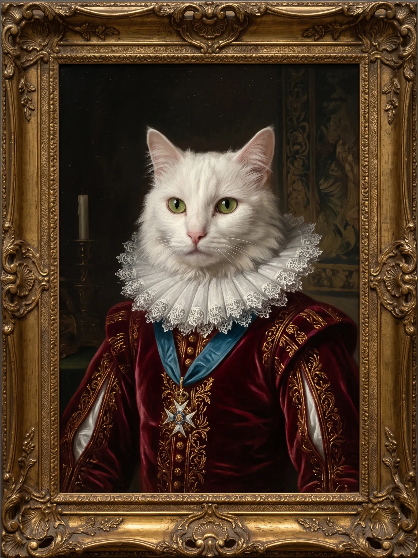 White cat in a burgundy velvet doublet and lace ruff against a dark palace wall, made with the Pet Aristocrat template
