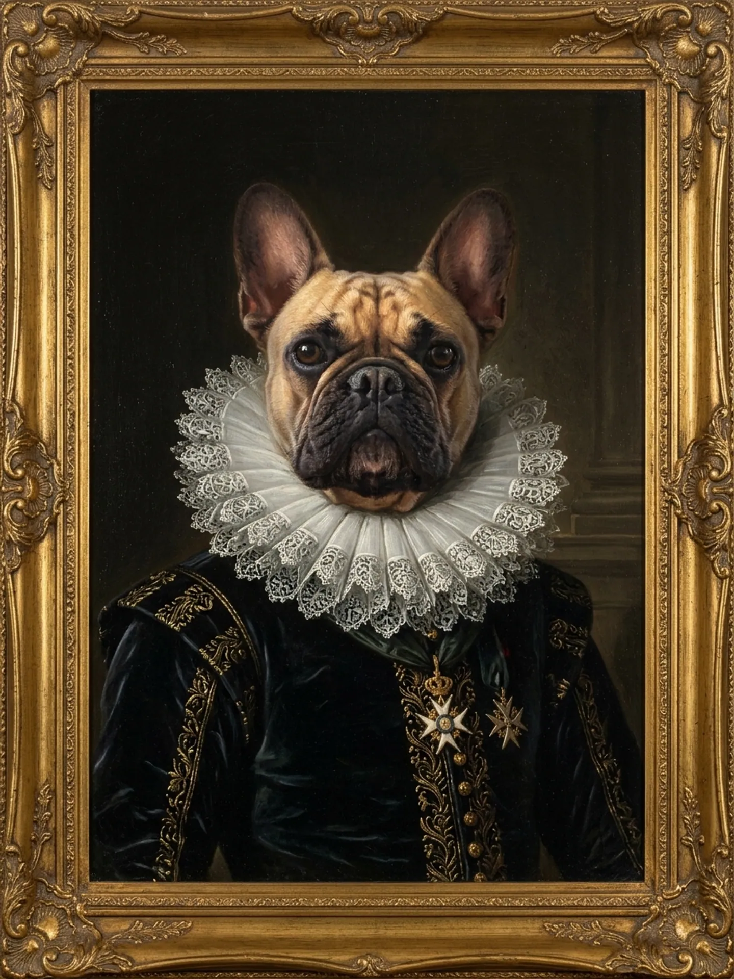 French bulldog in a black velvet doublet with gold embroidery and a lace ruff, made with the Pet Aristocrat template