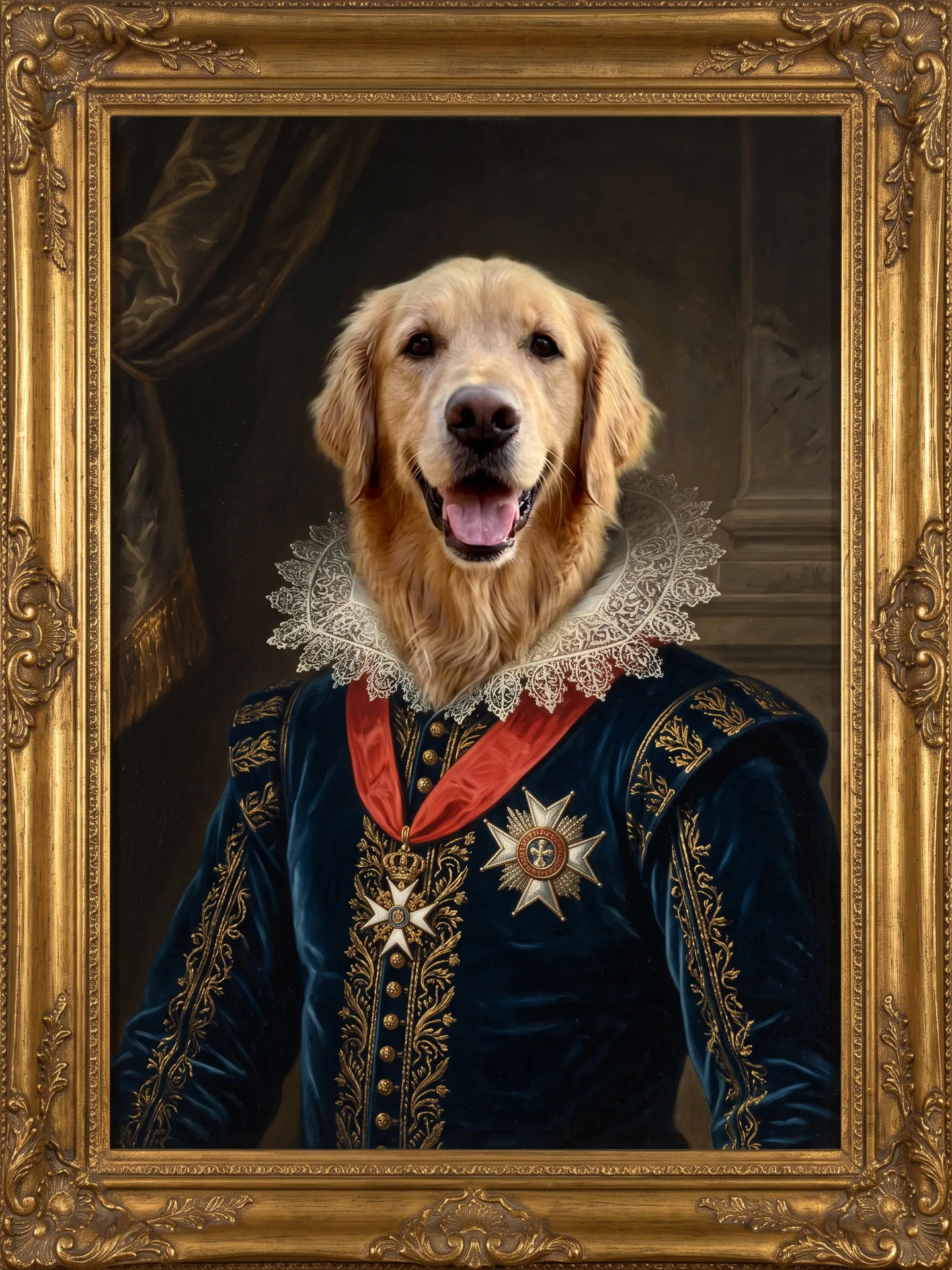 Smiling golden retriever in a navy doublet with a red sash and lace collar, made with the Pet Aristocrat template