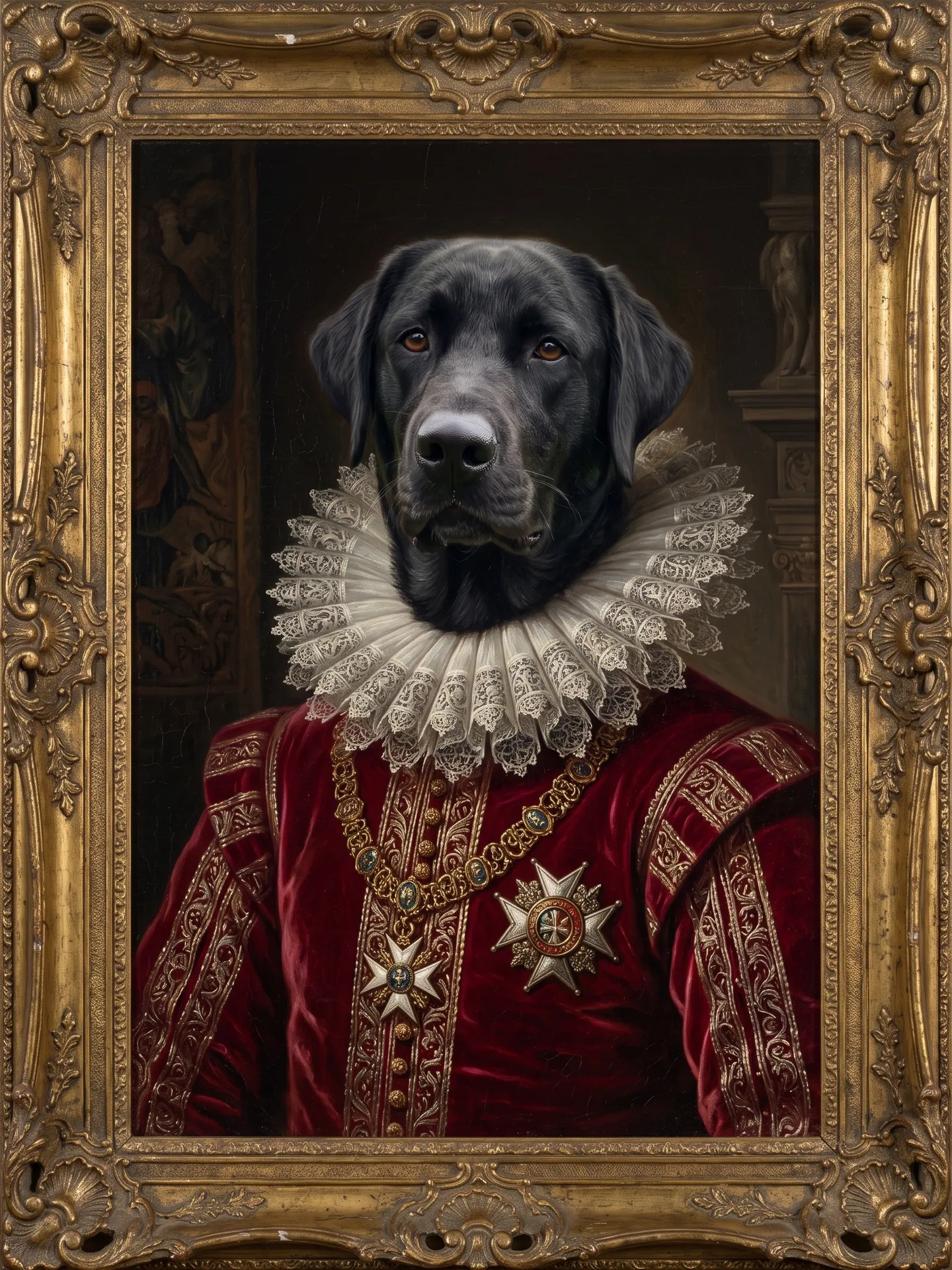 Black Labrador with a graying muzzle in a crimson velvet doublet and lace ruff, made with the Pet Aristocrat template