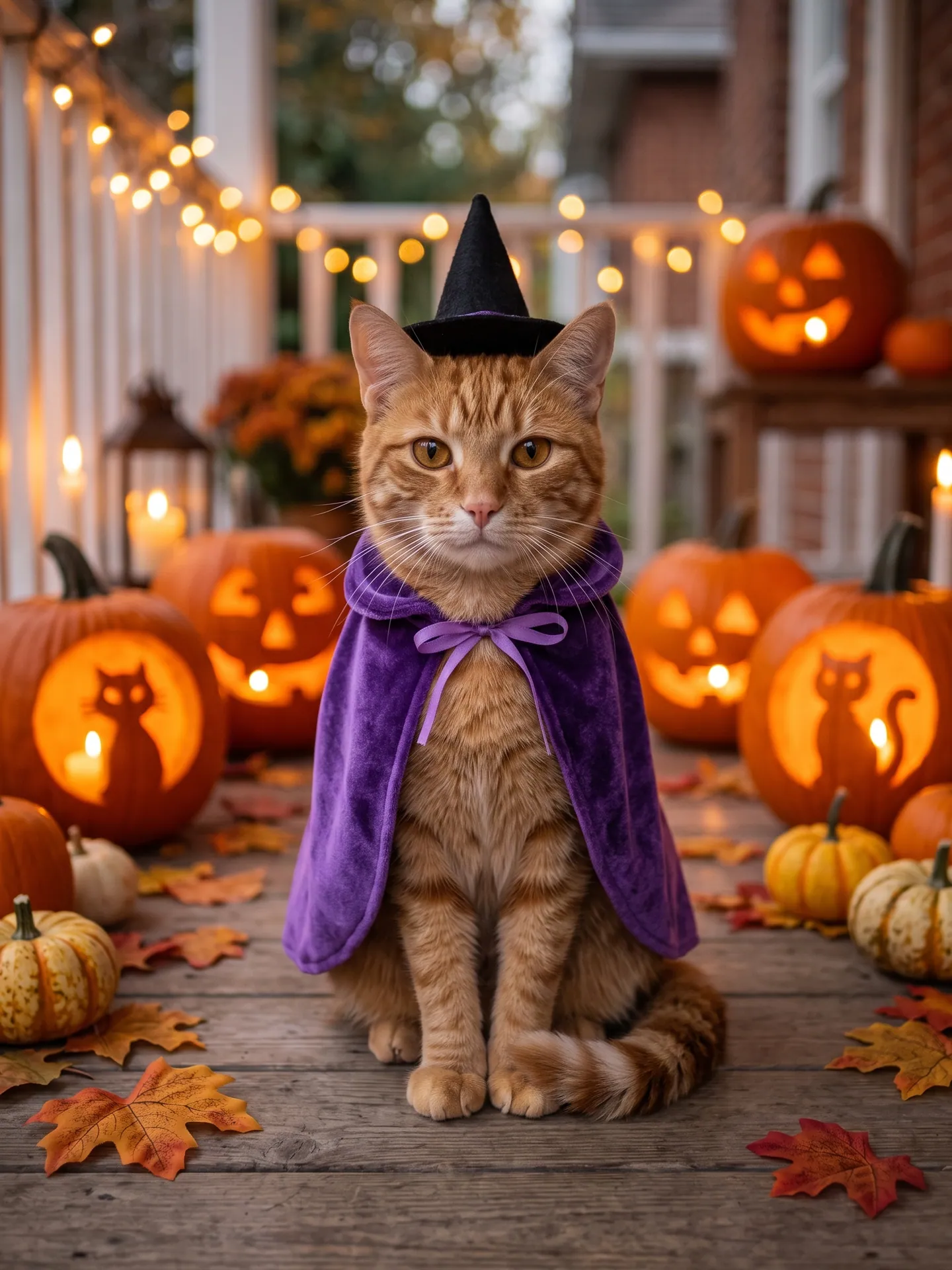 Ginger cat in a small witch hat and a purple velvet cape on a porch, made with the Pet Halloween Costume template