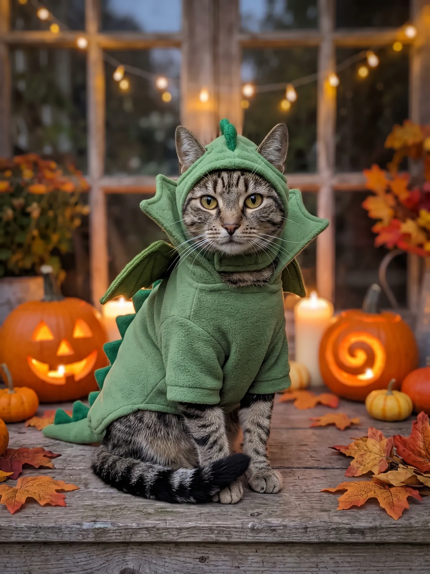 Tabby cat in a green dragon hoodie with small wings by candlelit pumpkins, made with the Pet Halloween Costume template