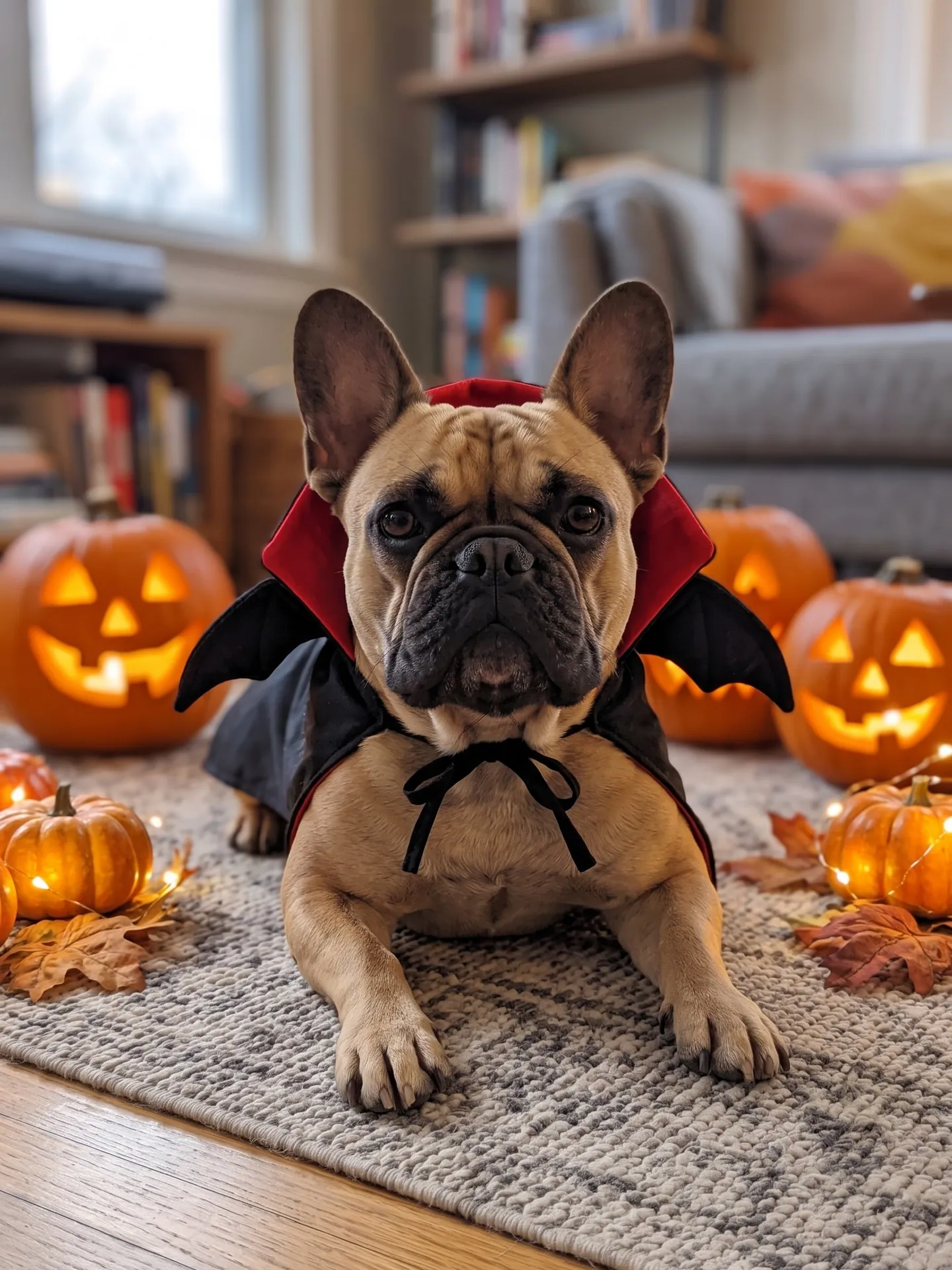 French bulldog lying on a rug in a black vampire cape with a red-lined collar and small felt wings