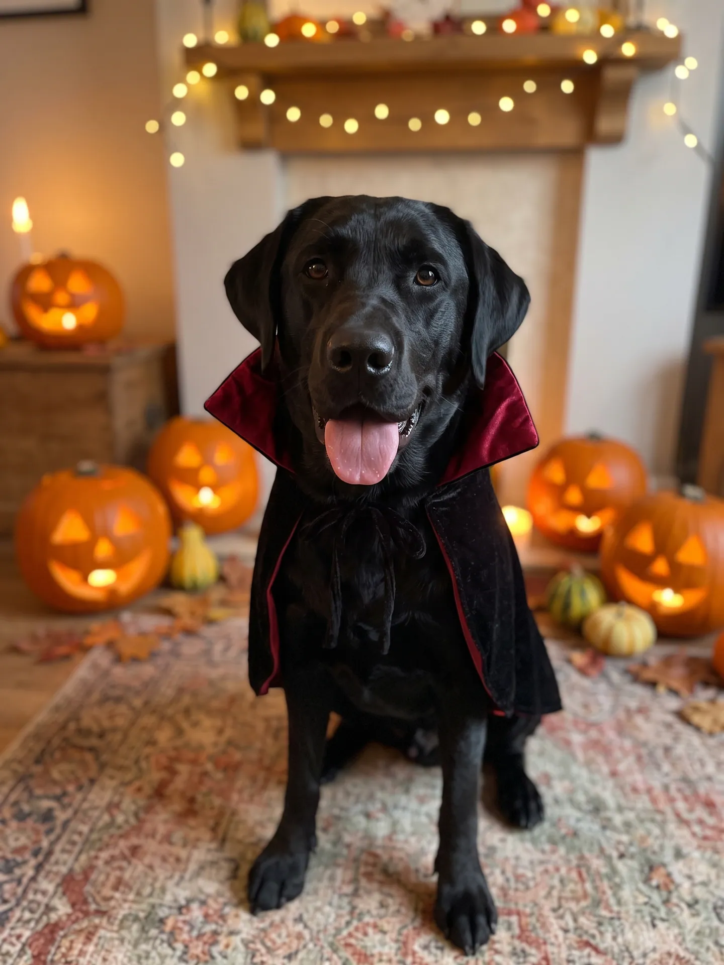 Black Labrador in a black cape with a red collar by candlelit pumpkins, made with the Pet Halloween Costume template