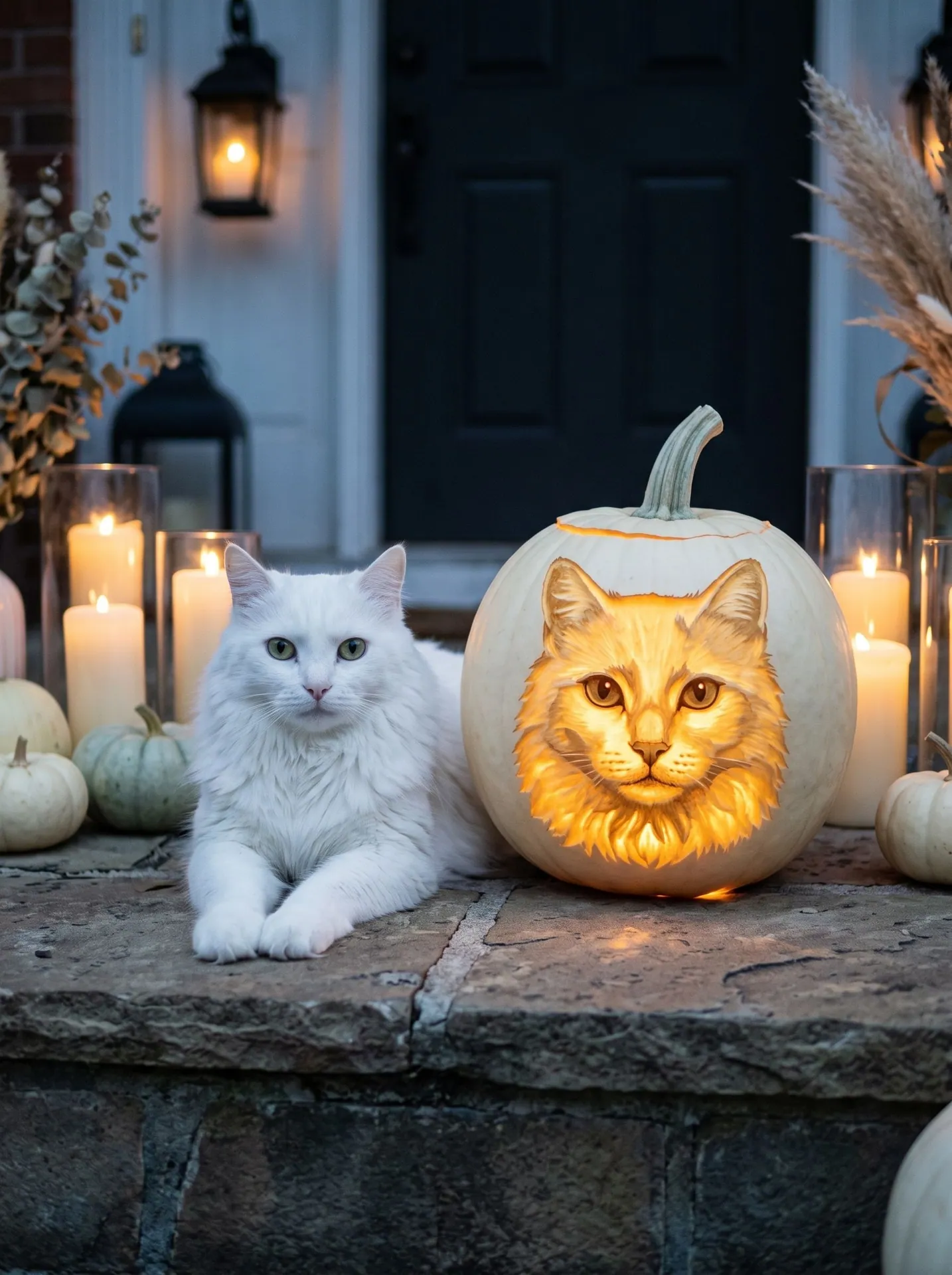 White cat lying on a stone step beside a white pumpkin carved with its own face, among pillar candles