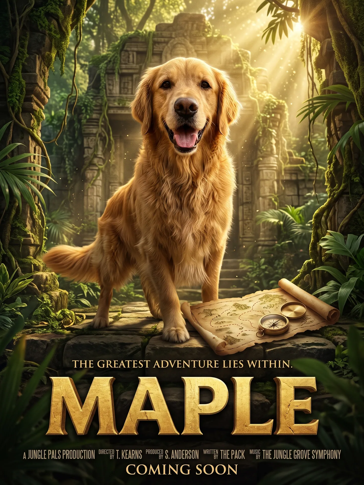 Golden retriever on an adventure film poster titled Maple, made with the Pet Movie Poster template from a photo