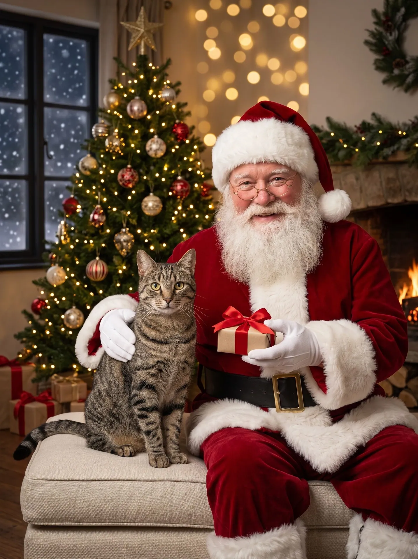 Tabby cat on a cushion beside Santa, who holds a small wrapped gift by a lit tree, made with Pet Photo With Santa