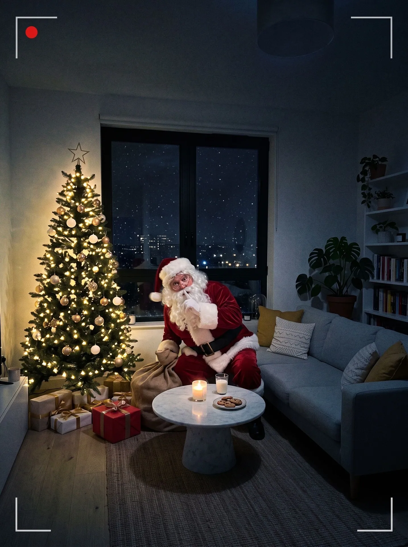 The same room at night on a security camera, Santa by the window with a finger to his lips, made with Santa Caught on Camera
