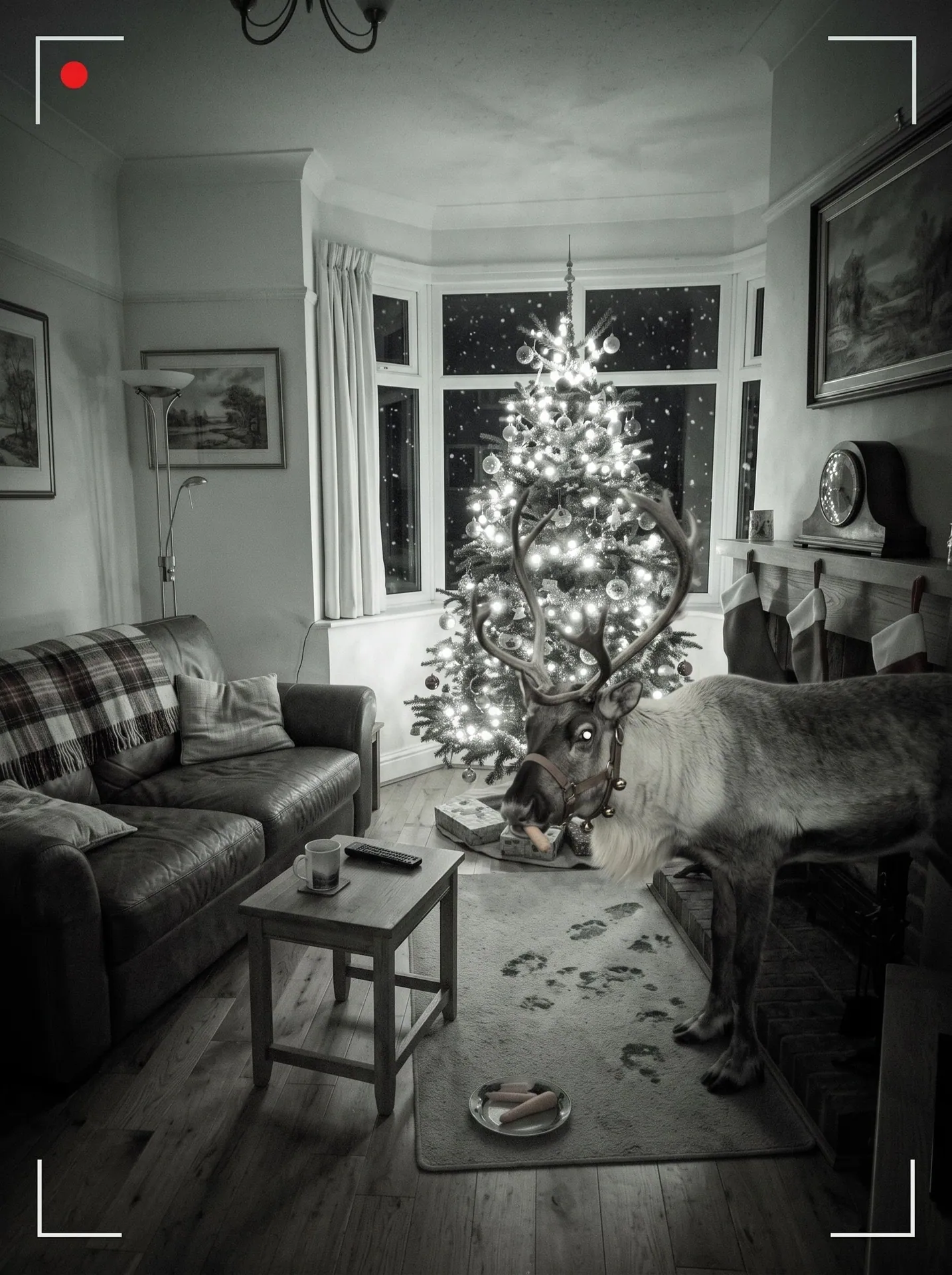 Night-vision frame of a reindeer by a lit tree in a living room with stockings, made with Santa Caught on Camera