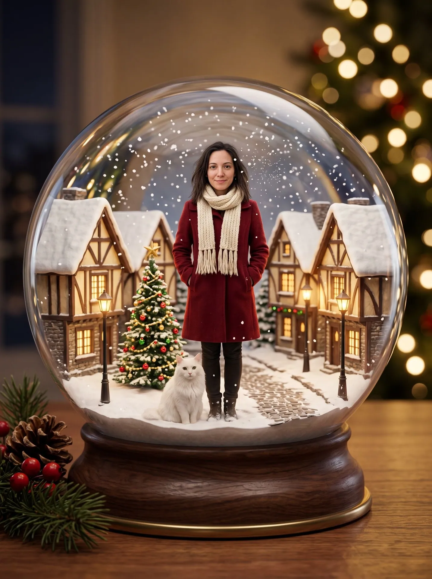 Snow globe with a tiny woman in a burgundy coat and a white cat in a snowy village, made with Snow Globe Portrait