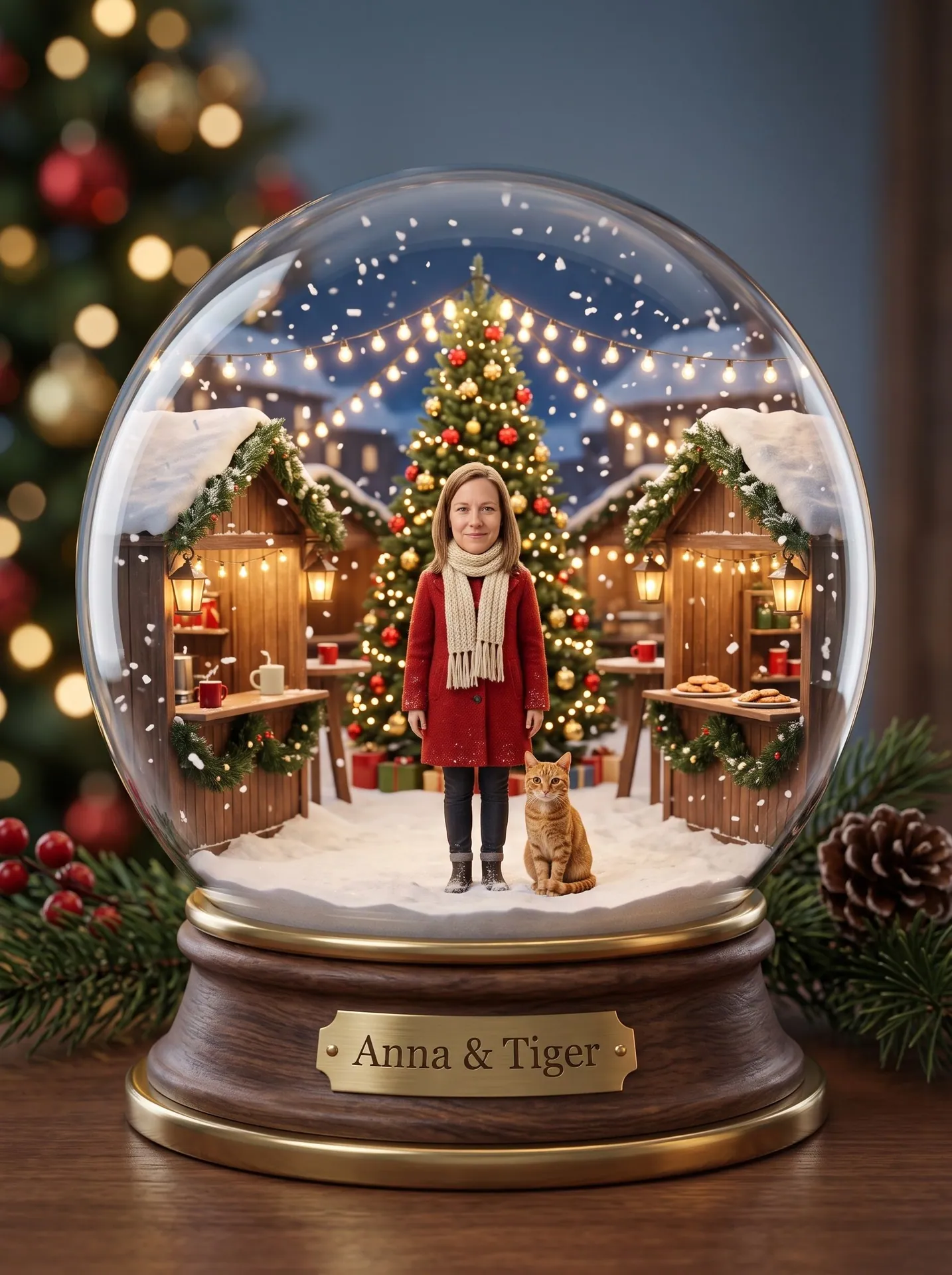 Snow globe of a tiny woman and a ginger cat at a Christmas market, plaque reads Anna & Tiger, made with Snow Globe Portrait
