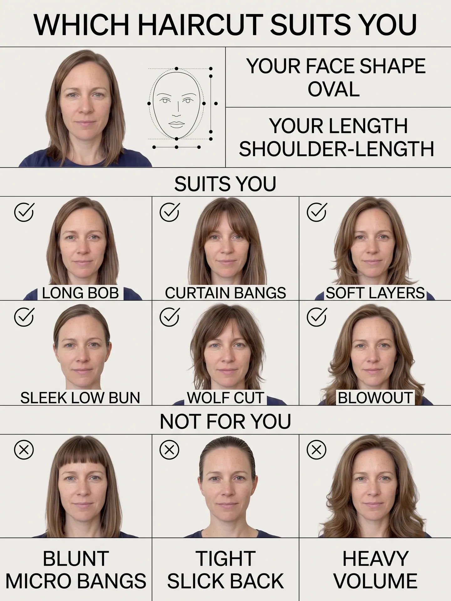 Poster of six haircuts and three to skip on a woman with light brown hair, made with the Which Haircut Suits You template
