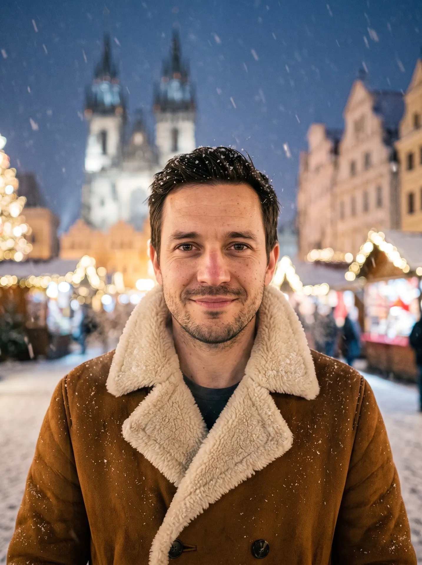 Man in a brown faux-shearling coat with snow in his hair at a night Christmas market, made with Winter Fairytale Portrait