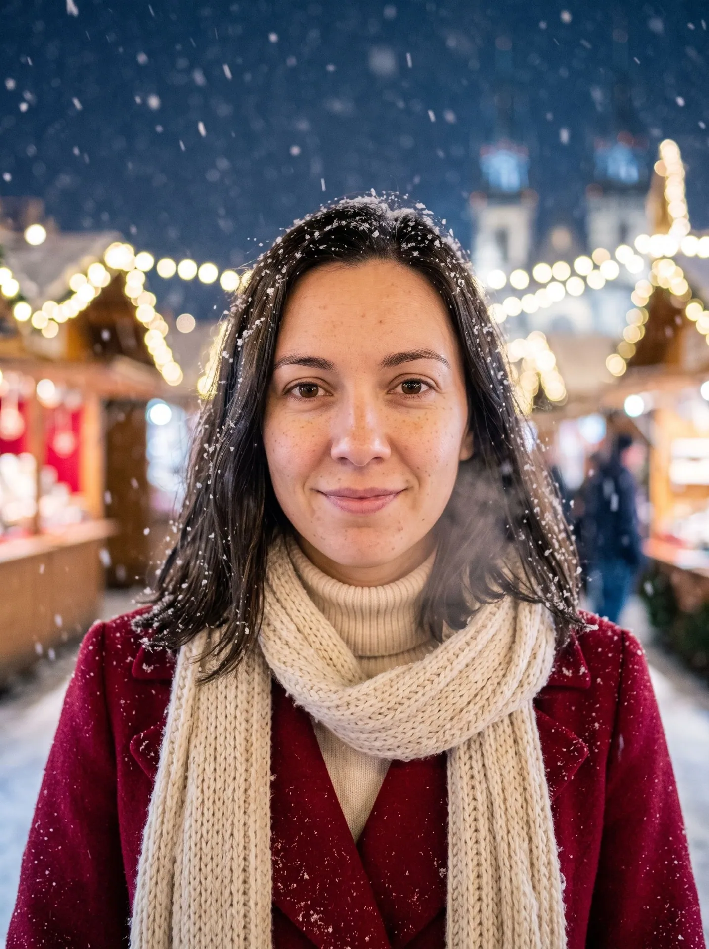 Woman in a cranberry coat and cream scarf, snow in her hair, at a night Christmas market, made with Winter Fairytale Portrait