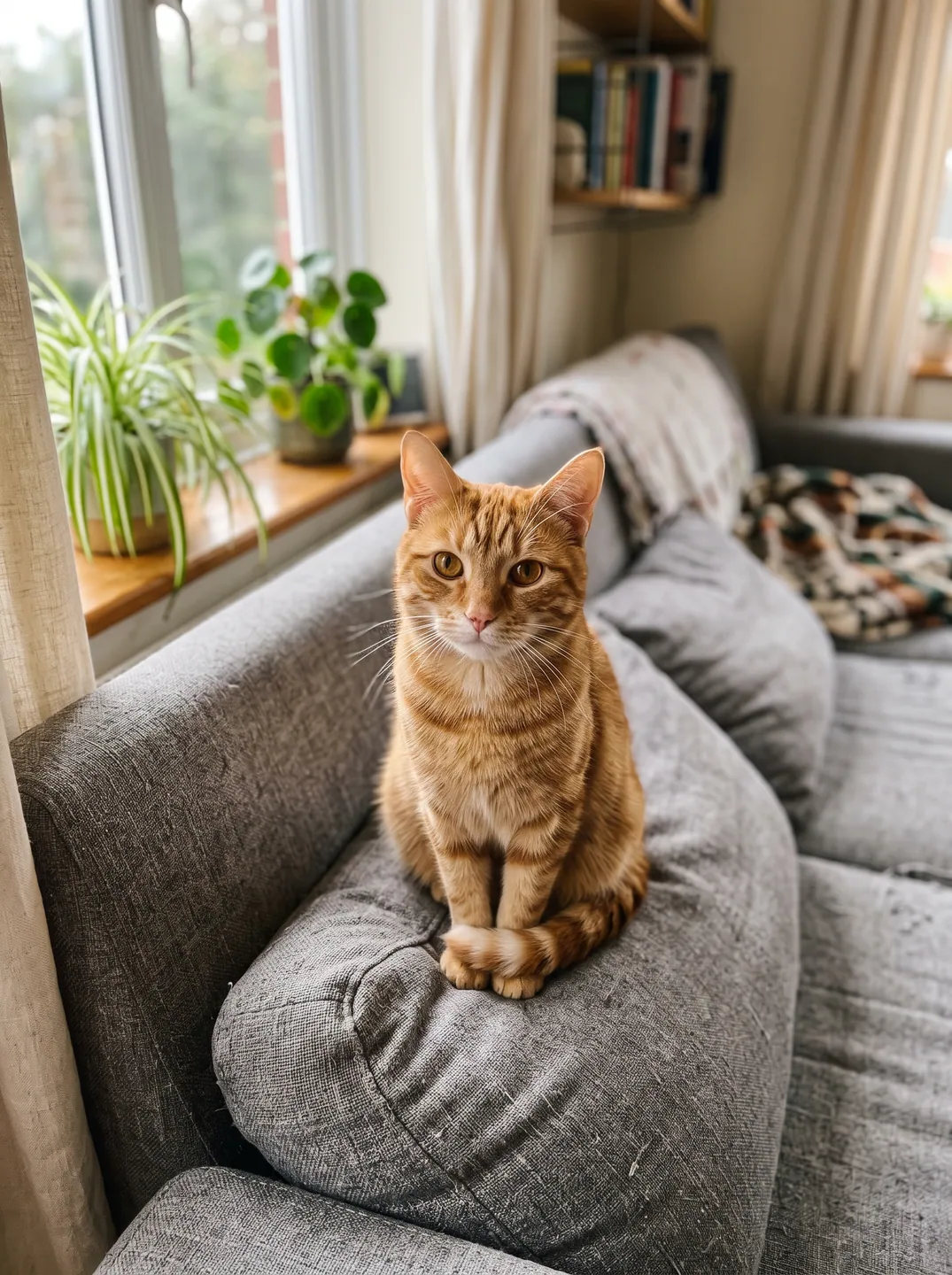 Phone photo of a ginger cat sitting on a gray sofa by a window, used as the input